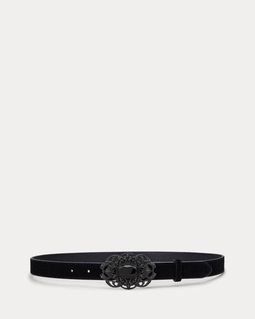 Stone-Buckle Suede Skinny Belt